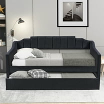 Twin Size Daybed with Trundle, Wood Daybed Frame with Armest and Back Upholstered Sofa Bed Platform Bed for Bedroom Living Room, No Box Spring Needed, Black