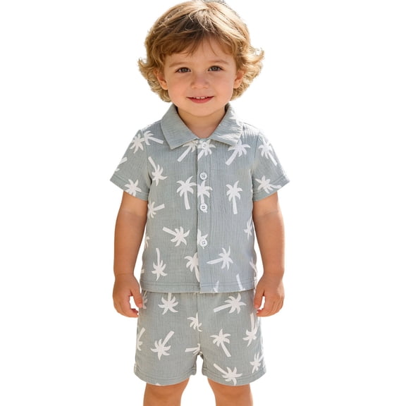 Tiijoy Boys Summer Beach Outfits Coconut Tree Print Short Sleeve Linen Shirt Shorts Set, Sizes 6M-4T