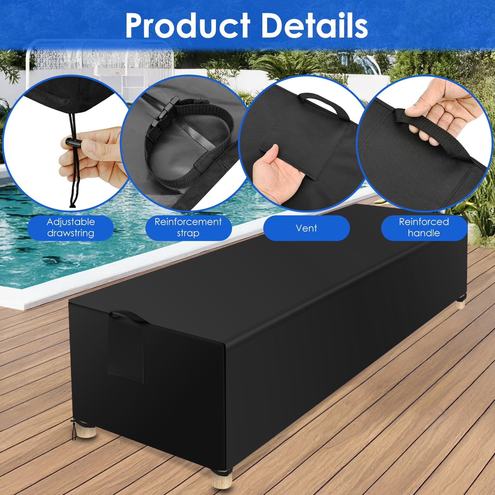Waterproof Chaise Lounge Cover 600D Polyester Outdoor Patio Lounge Chair Protective Cover with Adjustable Drawstring for Outside Furniture