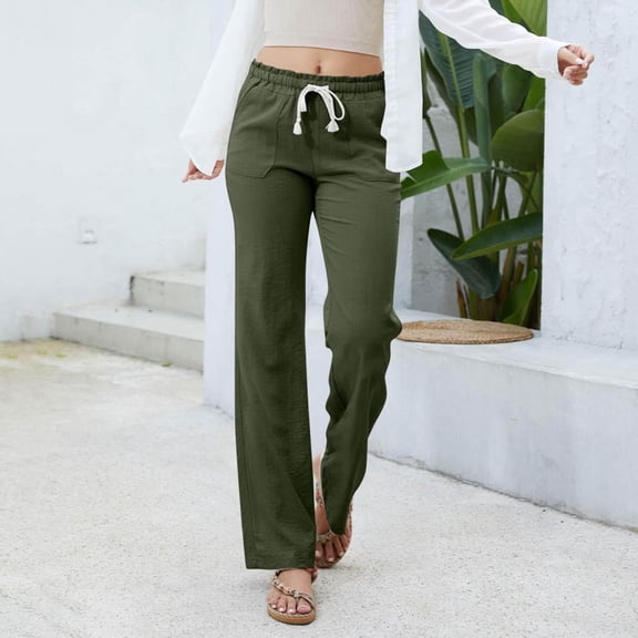 JUSLIO Womens Pants Comfortable Casual Pockets Drawstring Green L
