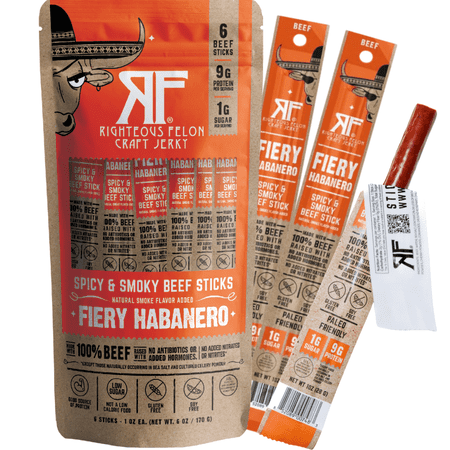 Righteous Felon Grass-Fed Meat Sticks - Low Sugar, High Protein Beef - Fiery Habanero, 6 pack