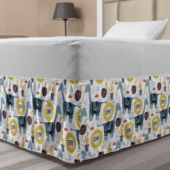 Lion Bed Skirt, Giraffes Animals Pattern with Cactus and Coconut Motifs Strokes Doodle Style, Elastic Bedskirt Dust Ruffle Wrap Around for Bedding Decor, 4 Sizes, Multicolor, by Ambesonne