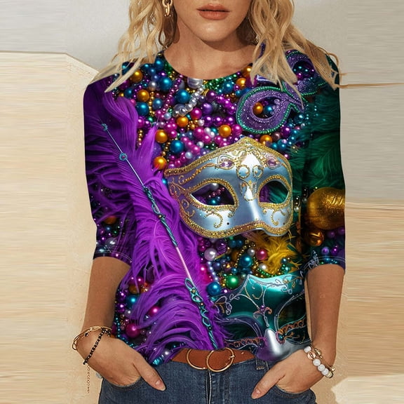 AGWOLF Mardi Gras Outfit for Women 3/4 Length Sleeve Mask Graphic Carnival Tee Blouses Fashion Round Neck Funny 3D Print Holiday Tops