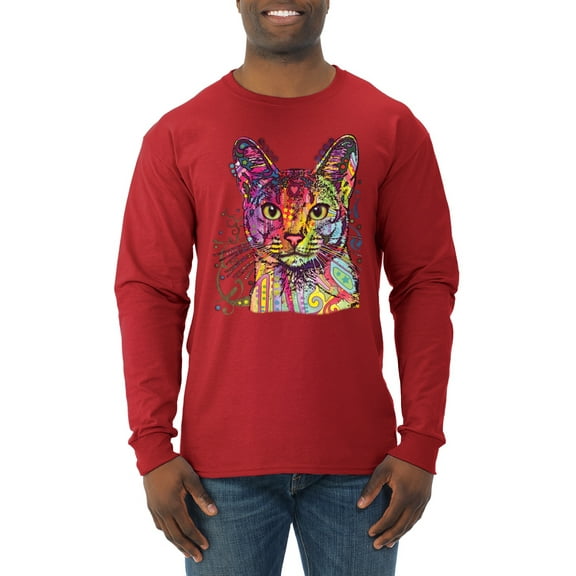 Wild Bobby Dean Russo Colorful Cat Abyssinian Cat Lover Men Long Sleeve Shirt, Red, Large