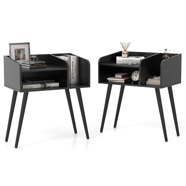 Gymax Set of 2 Mid Century Modern End Table w/ Open Shelves Metal Support Legs Black