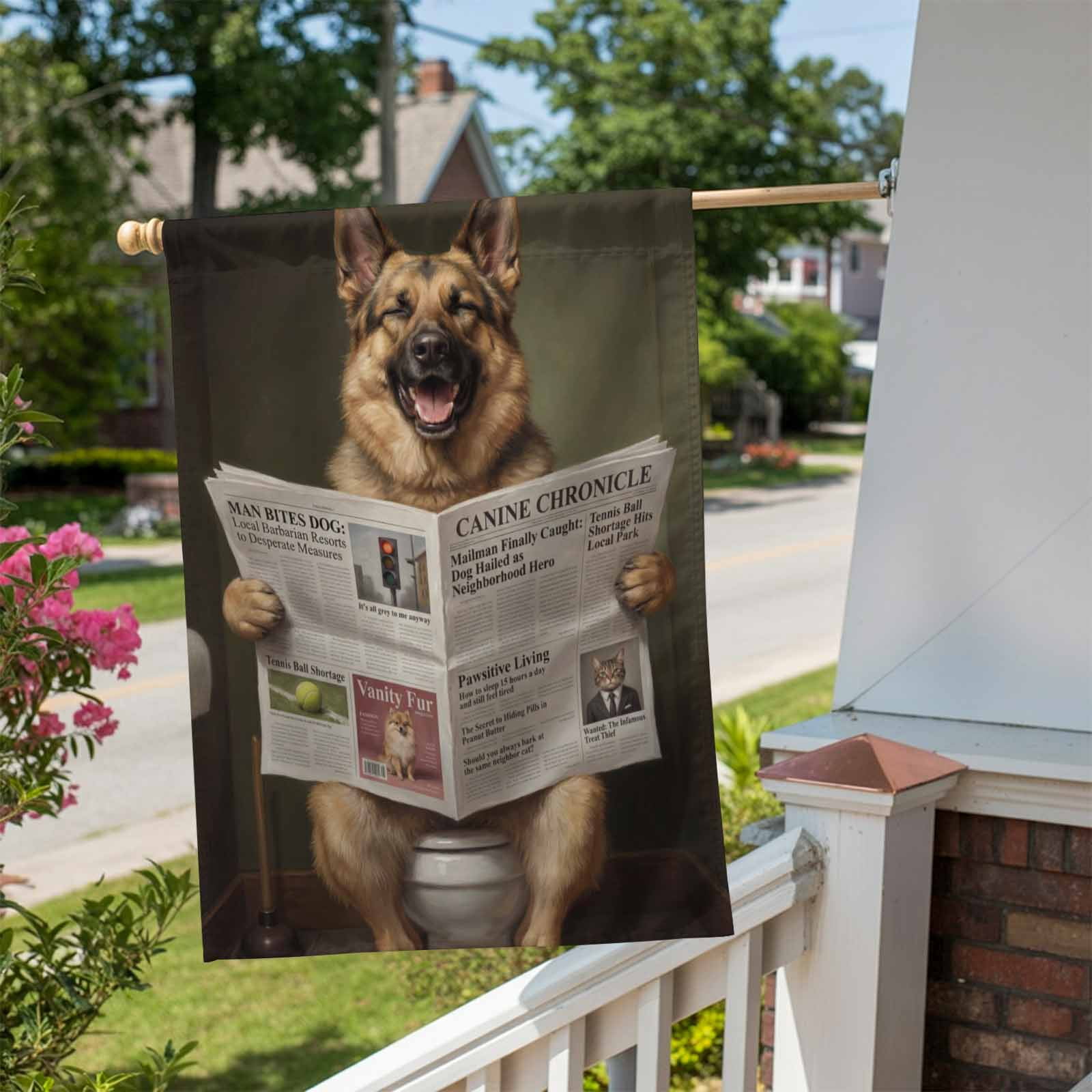 Funny Dog Puppy House Flag 28 x 40 Inches, Cute German Shepherd Cartoon Newspaper Toilet Weather Proof Outdoor Patio Flags Double Sided Small House Decoration for Yard Lawn Outside Home