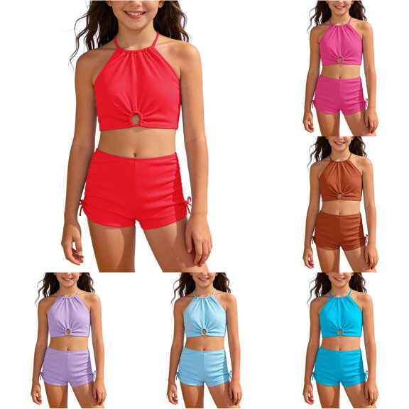 ZXLBBD Girls Bathing Suit Halter Neck Hollow Design Solid Color Tankini Top and Shorts 2 Piece Swimwear Summer Vacation Outfit Casual Outdoor Beach,Red,14 Y-15 Y