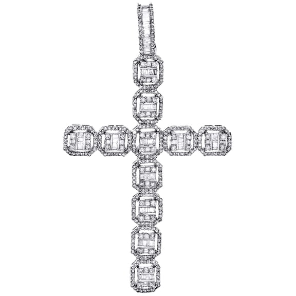 10K White Gold Round & Baguette Diamond Cross Pendant 2.90" Fancy Charm 2.33 CT.