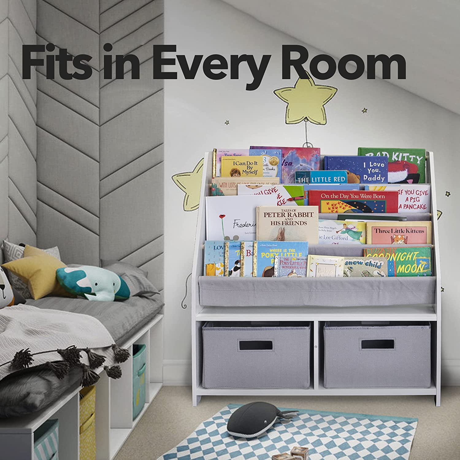 WonkaWoo Kids Sling Bookshelf Wooden Rack Bookcase with Canvas Slings 2 Toy Storage Bins White Grey Walmart