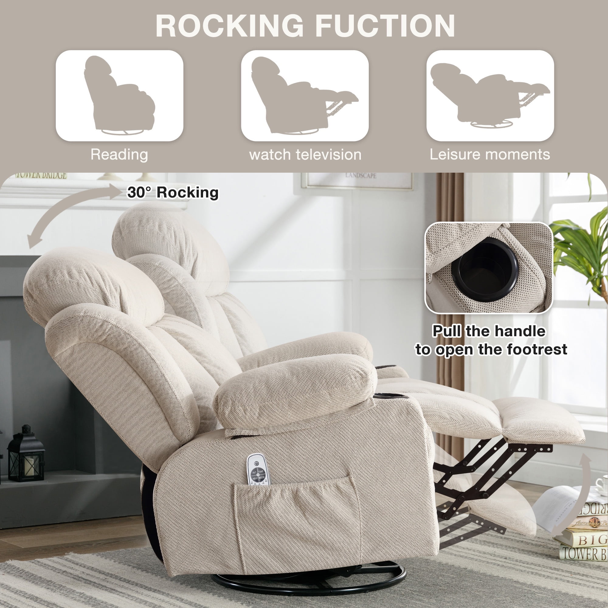 HSUNNS 360° Swivel Recliner Chair with Massage & Heat, 135° Recline, Living Room Recliner with USB Port, Cup Holder and Storage, 350LB Ergo Lounge Chair Beige