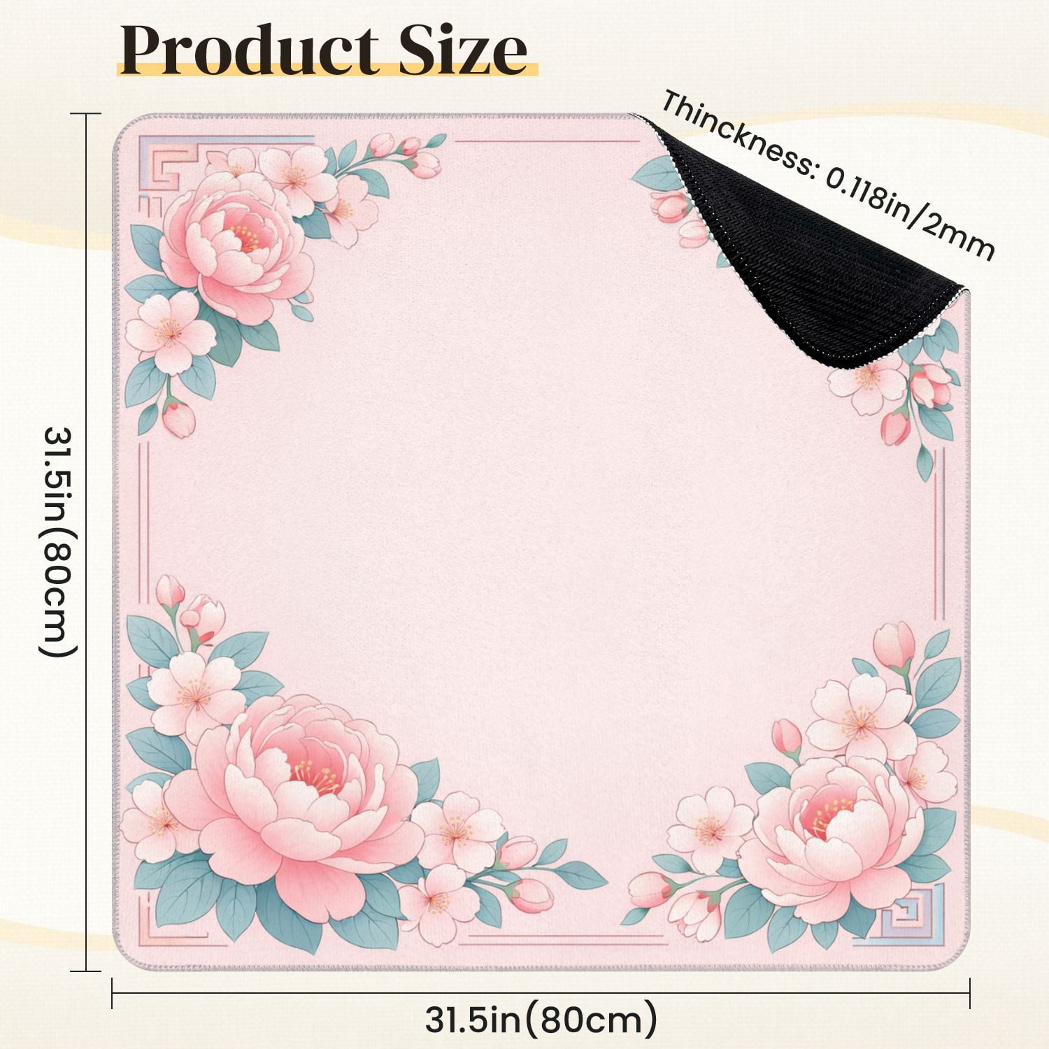 Mahjong Mat 31.5" x 31.5" Delicate Floral Frame Pink Peonies Blossoms Soft Pink Non-Slip Noise Reduction Mahjong Tiles Table Cover for Dominoes Poker Card Board and Tile Games
