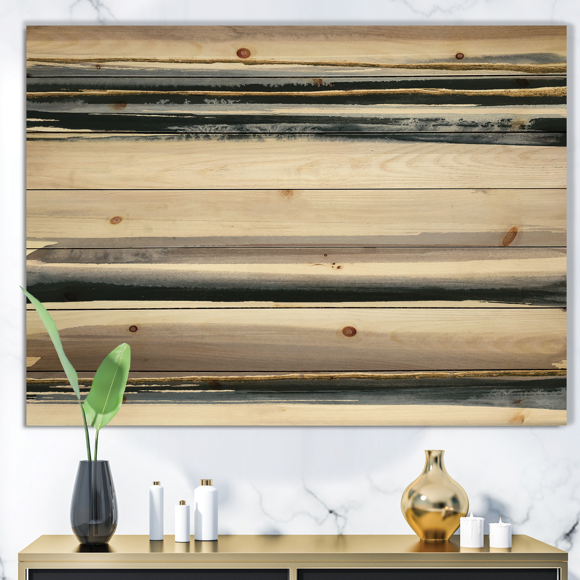 Designart 'Abstract Gold Watercolor Amethyst II' Modern & Contemporary Print on Natural Pine Wood