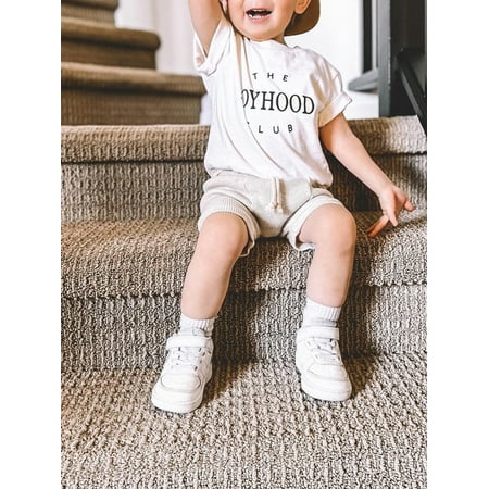 

Infant Baby Boys Clothes Sets Short Sleeve Letters Print T-shirt with Elastic Waist Ribbed Shorts Summer Outfit