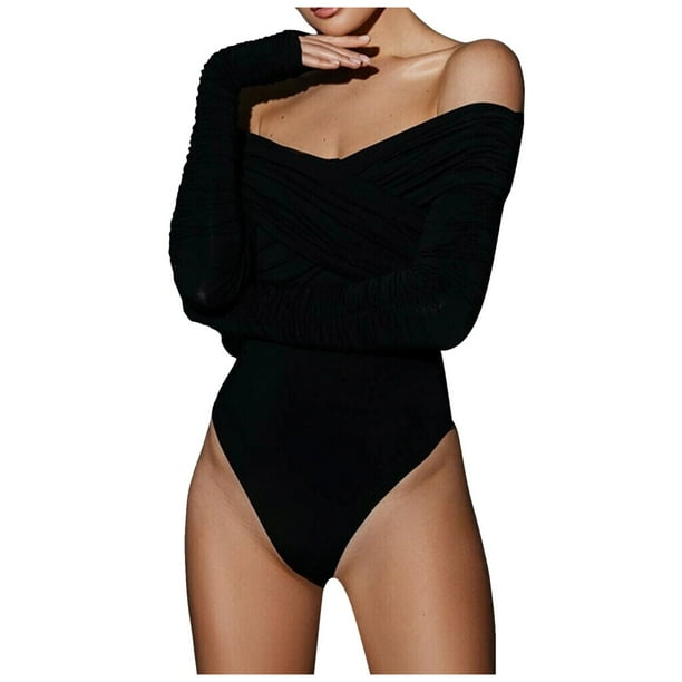 Body de manga larga con hombros descubiertos para mujer - Poliéster, tallas XS-XL, diseño sexy plisado, cierre a presión, versátil para fiestas/uso diario