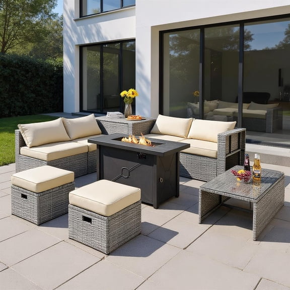 Topcobe 8 Pieces Patio Rattan Furniture Set with Storage Waterproof Cover and Cushion, Outdoor Deck Furniture, Off White