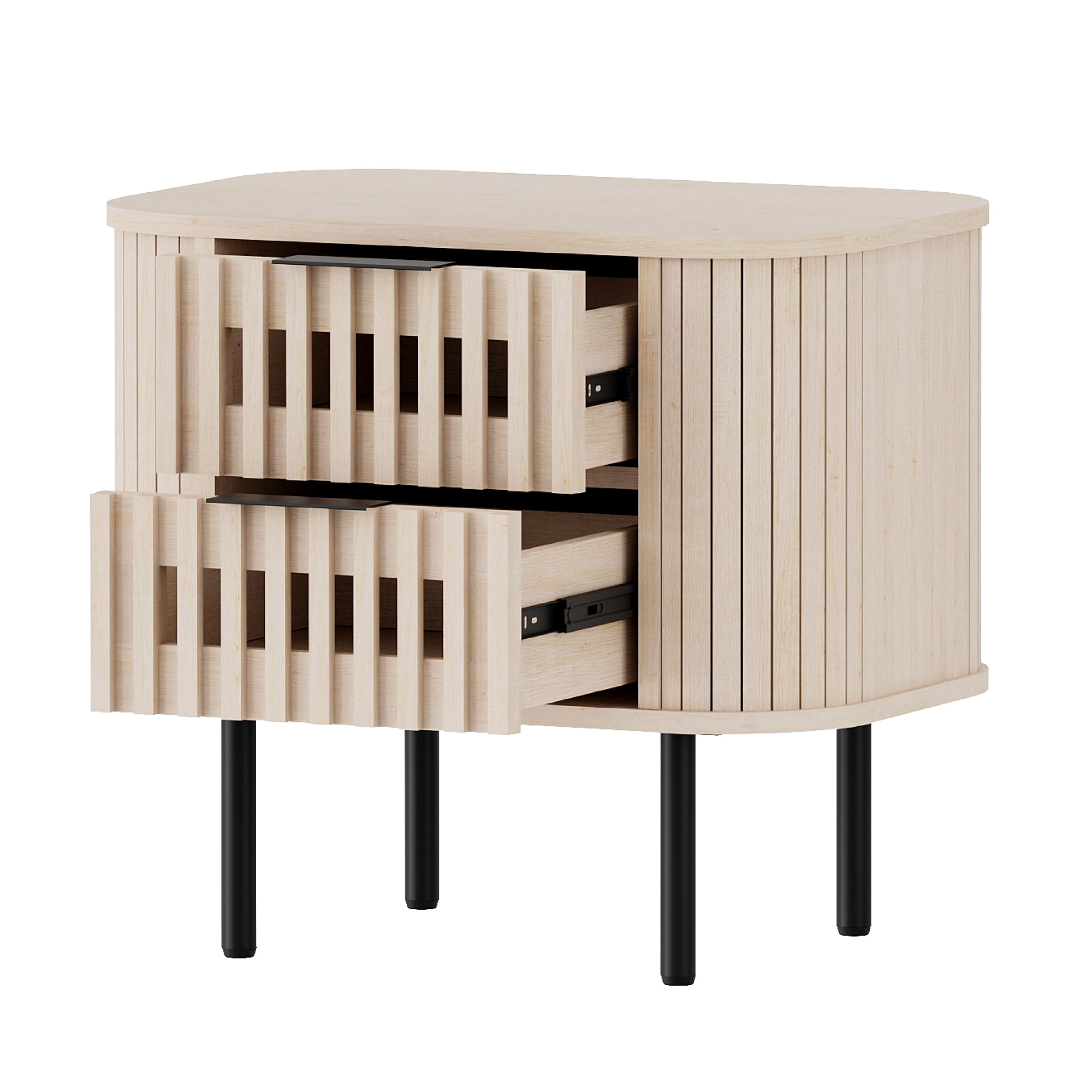 WAMPAT Fluted End Table with 2 Drawers, Modern Storage Nightstand for Living Room & Bedroom, Wooden Side Table, Natural