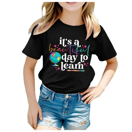 

Toddler Baby Girl Summer Clothes Kids School Season Back To School Season Printed Casual Short Sleeve Top T Shirt Fall Clothes Black-C 130