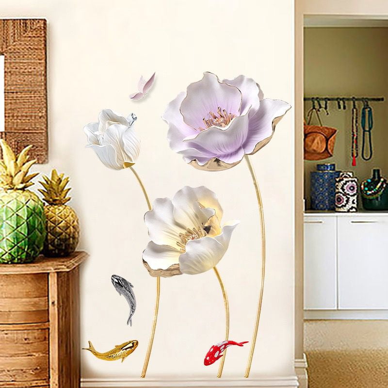 Watercolor Floral Wall Decals Large 3D Flower Wall Stickers Gold Tulip Floral Wall Art Decals for Living Room Bedroom TV Background Wall Decor