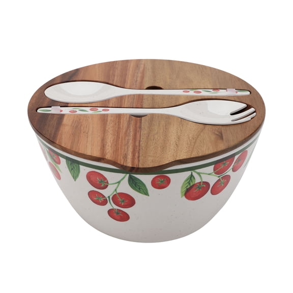 Better Homes and Gardens Bamboo Melamine Tomato Salad Bowl with Acacia Wood Lid and Utensil Set