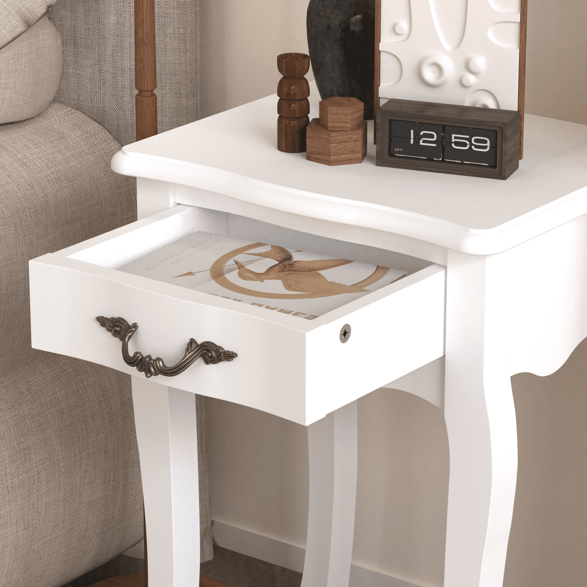 MAYEERTY White Living Room Floor-standing Storage Table with Drawer & Curved Legs