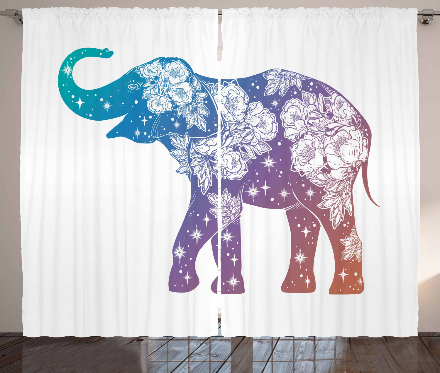 Elephant Curtains 2 Panels Set, Asian Animal with Romantic Wildrose