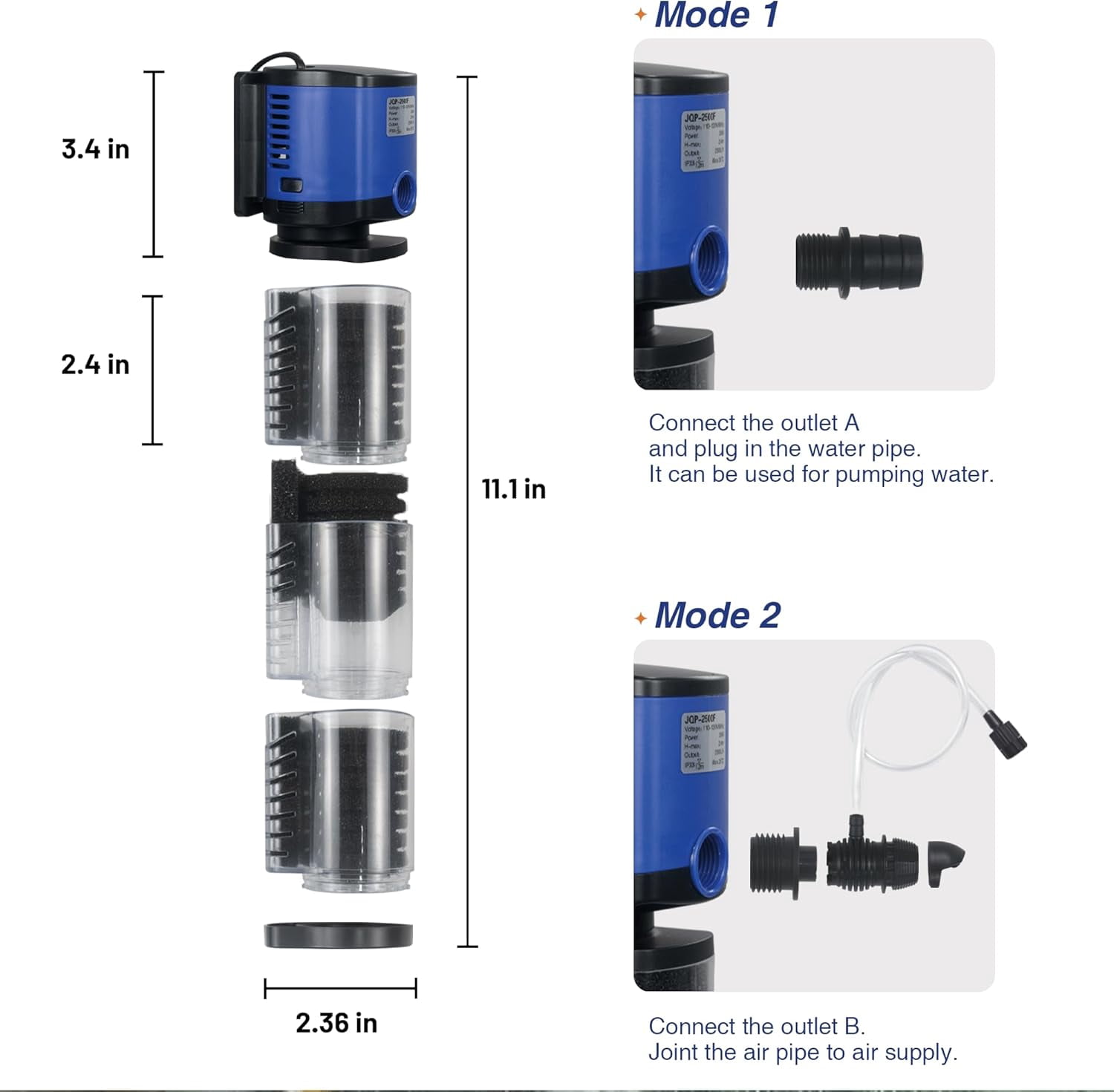 Adjustable Submersible Aquarium Filter 4-in-1 Biochemical Filtration 264GPH for 20-75 Gallon Fish Turtle Tanks Freshwater Saltwater