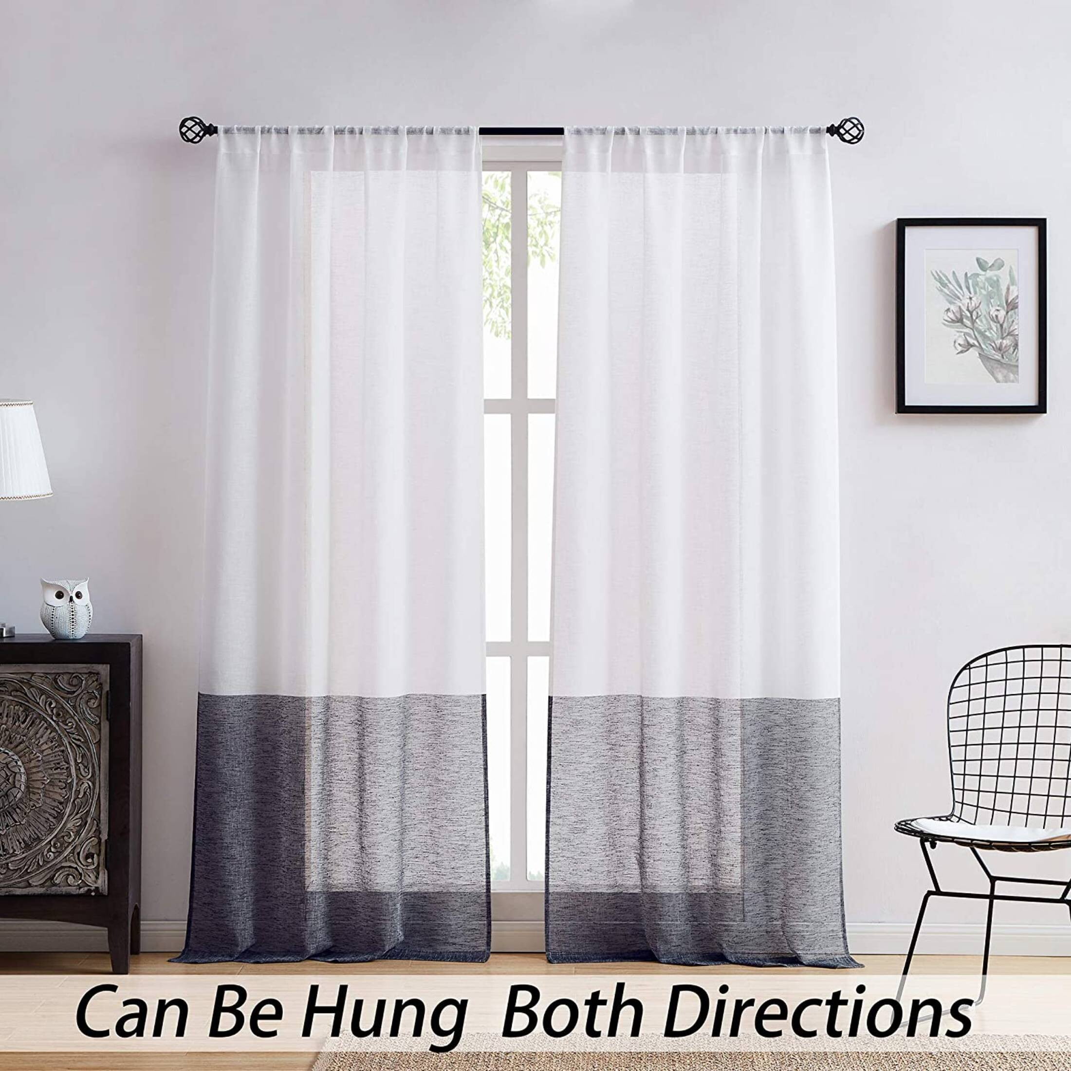 Uptown Home Black White Sheer Linen Rustic Drapes for Bedroom Color Block Filtering Light Window Curtain Panels with Rod Pocket, 50"x95"x2
