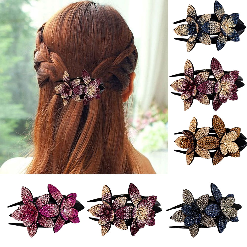 Cheers.US 6 Pieces Rhinestone Double Flower Hair Clip Rhinestone
