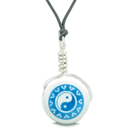 Lucky Ying Yang Balance - Handcrafted Cute Ceramic Lucky Charm Aqua Yin Yang Balance Amulet Pendant Adjustable Necklace