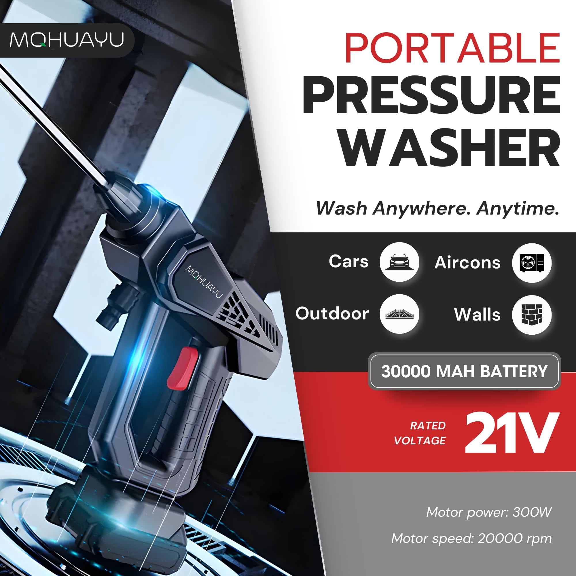 MQHUAYU Cordless Pressure Washer, 2 Replaceable 96V Batteries, 1000 PSI 1.5GPM Portable Handheld Cleaner with 2 Nozzles & Soap Tank, Electric Power Washer for Car, Garden, Patio & Outdoor Cleaning