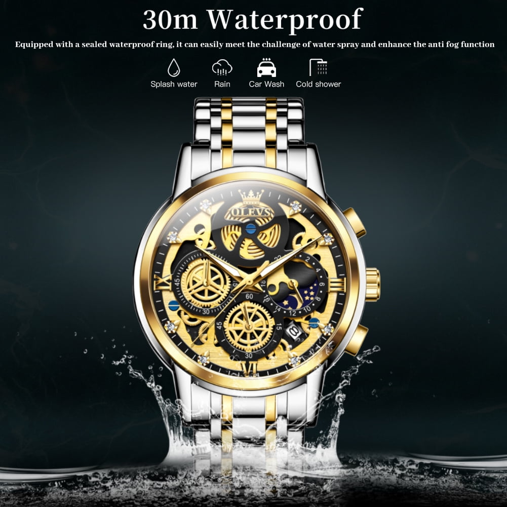 OLEVS Watches for Men Business Dress Luxury Analog Quartz Chronograph Two Tone Gold Plated Stainless Steel Waterproof Luminous Date Casual Mens Wrist Watches Reloj Para Hombre