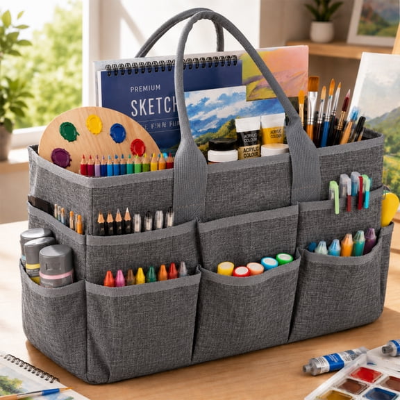 LAVFOX Multi-Pocket Craft Caddy Bag, Portable Art Storage Organizer Tote for Sewing Supplies, Scrapbooking Accessories, Office and Nurse Medical Tools, Heather Grey