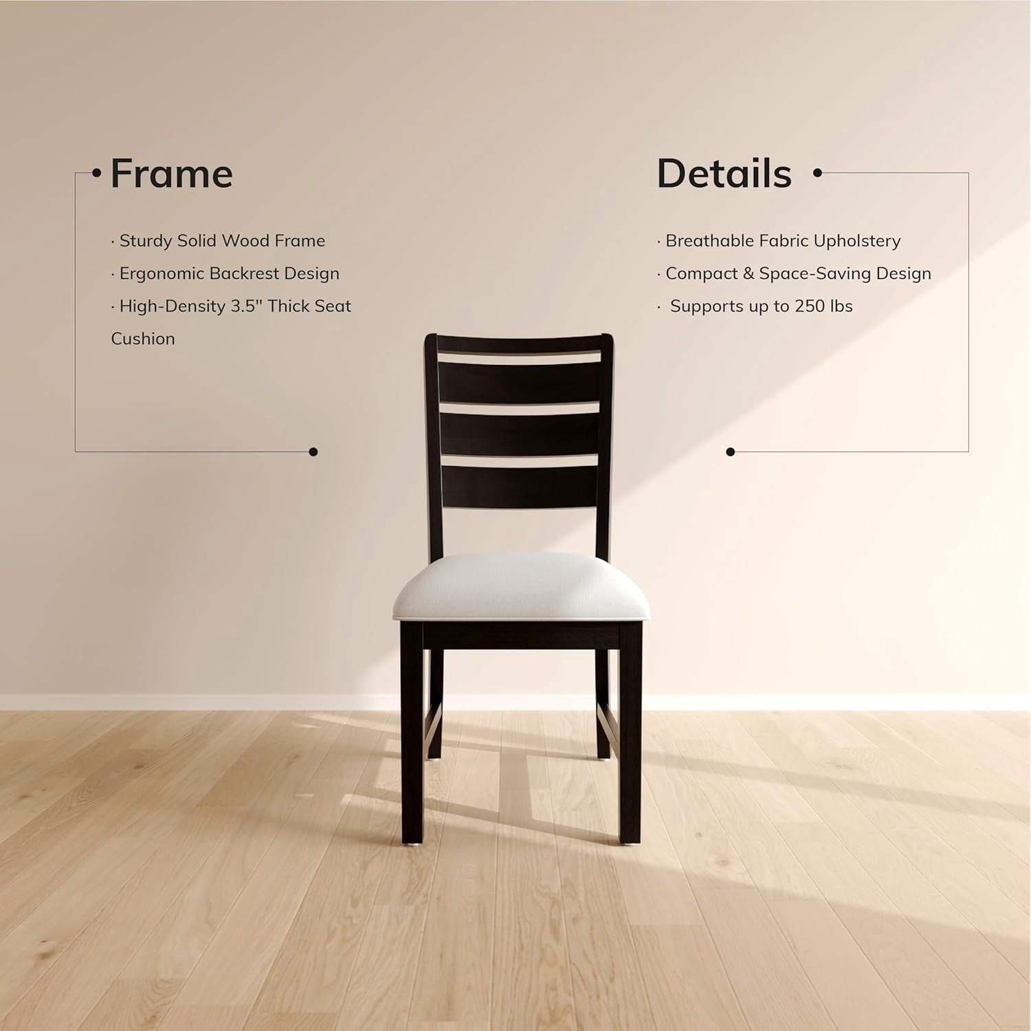 COLAMY SERA Solid Wood Dining Chair Set of 4 with Fabric Upholstered Cushion, Ladder Back Farmhouse Kitchen Chair, Modern Two-Tone Chair for Home and Restaurant, Black