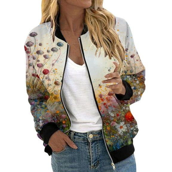 PMVFHDE Women's Casual Daily Lightweight Zip Up Floral Print Baseball Jacket With Pocket Fall Coats Coats For Women Beige,M