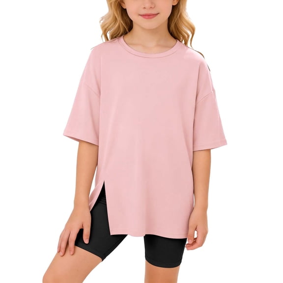 Girls Oversized Short Sleeve Shirts Trendy Casual Girls T Shirts Size 12 Side Slit Crewneck Tops Workout Tops Summer Shirts Size 13-14 Years,Pink