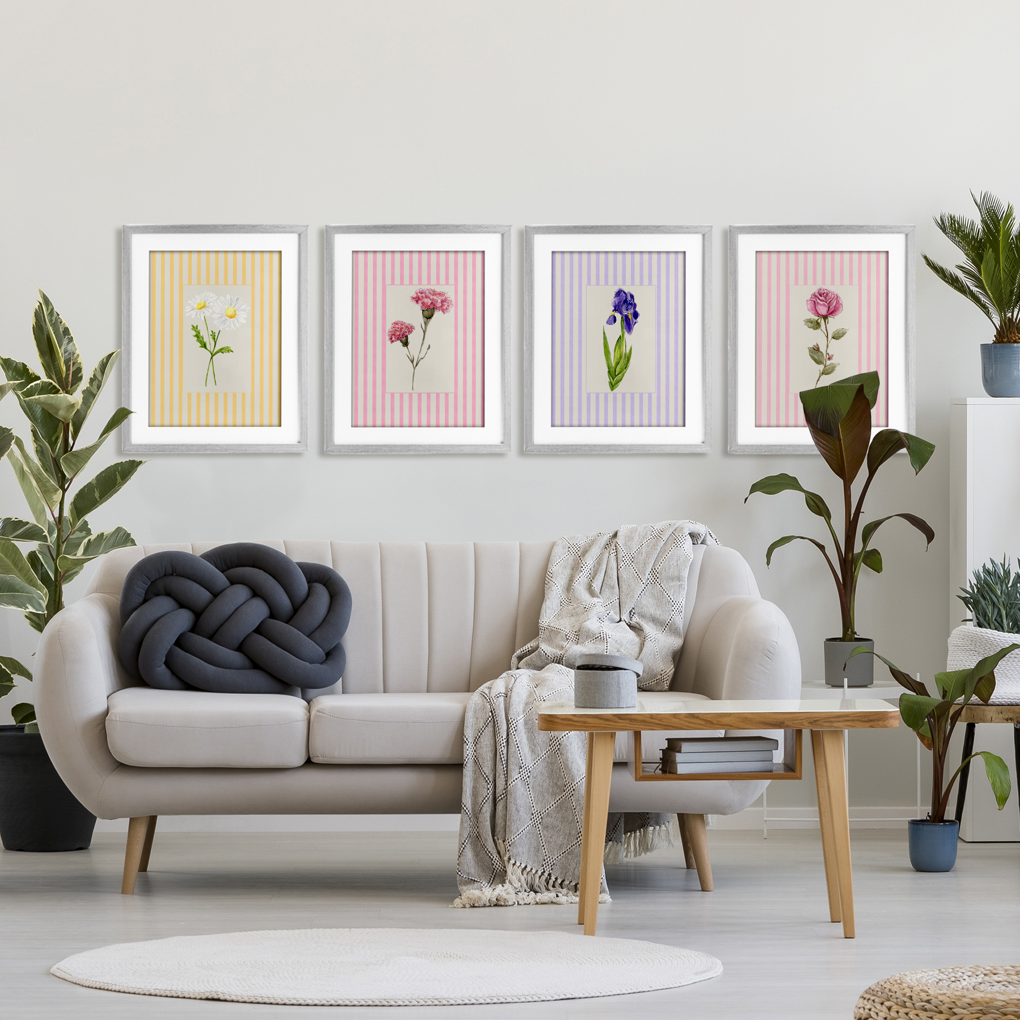 Cottage Stripe Sprigs 4 Piece Gray Framed Print Under Glass Set, design by Lisa Wehmeyer