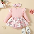 thumbnail image 3 of GYRATEDREAM Newborn Baby Girl Cute Ribbed Romper Dress Infant Ruffle Long Sleeve Flower Print Birthday Party Holiday Princess Dress with Bow Toddler Spring Fall Clothes for 0-18M Pink, 3 of 8