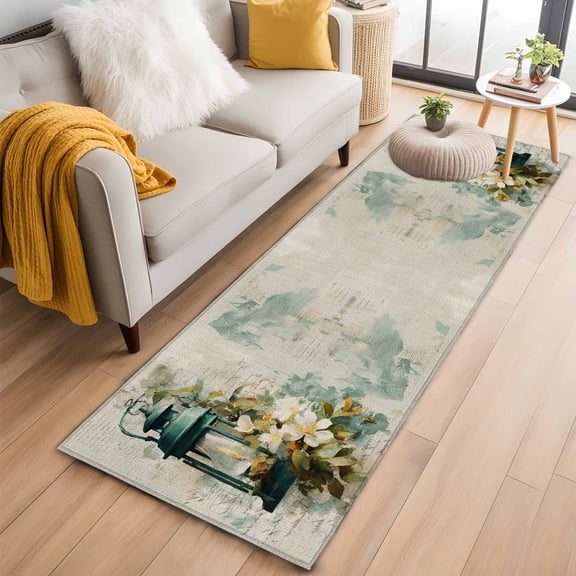 Vintage Oil Light 2'x6' Runner Rugs for Hallway Kitchen Bedside Non Slip Washable, Spring Flowers Leaves Candles Retro Entryway Rug Runners with Rubber Backing, Long Carpet Runner for Laundry Room