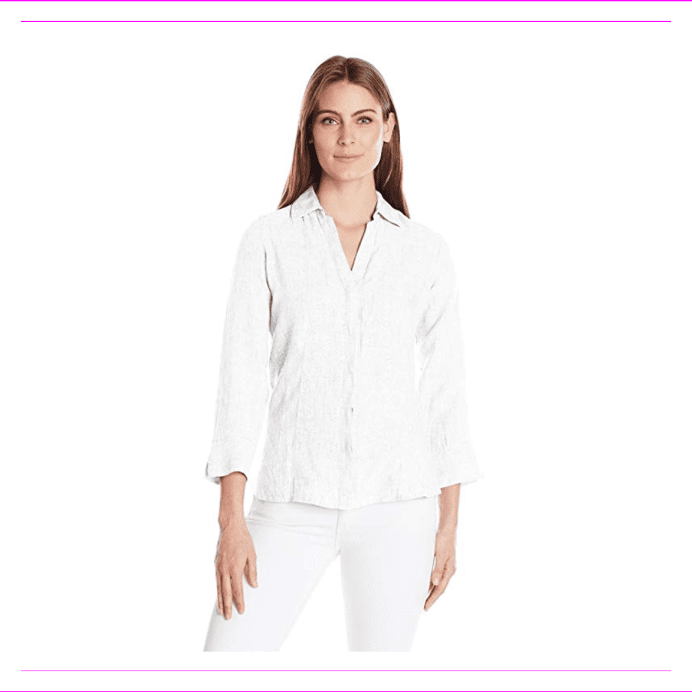 Foxcroft Women's 3/4 Sleeve Taylor Chambray Linen Shirt S/White ...