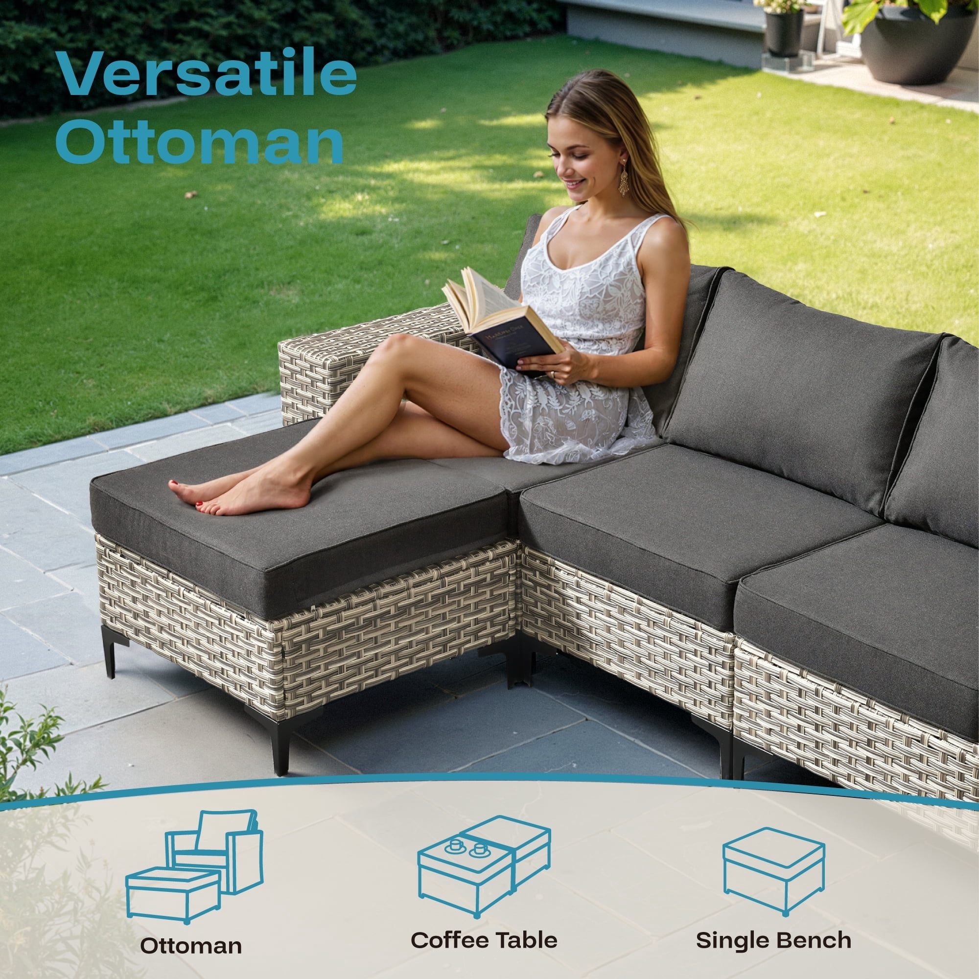 Ovios 8 Pieces Wicker Patio Furniture Sets Outdoor Conversation Sectional Sofa with Swivel Chairs & Solar Light Table