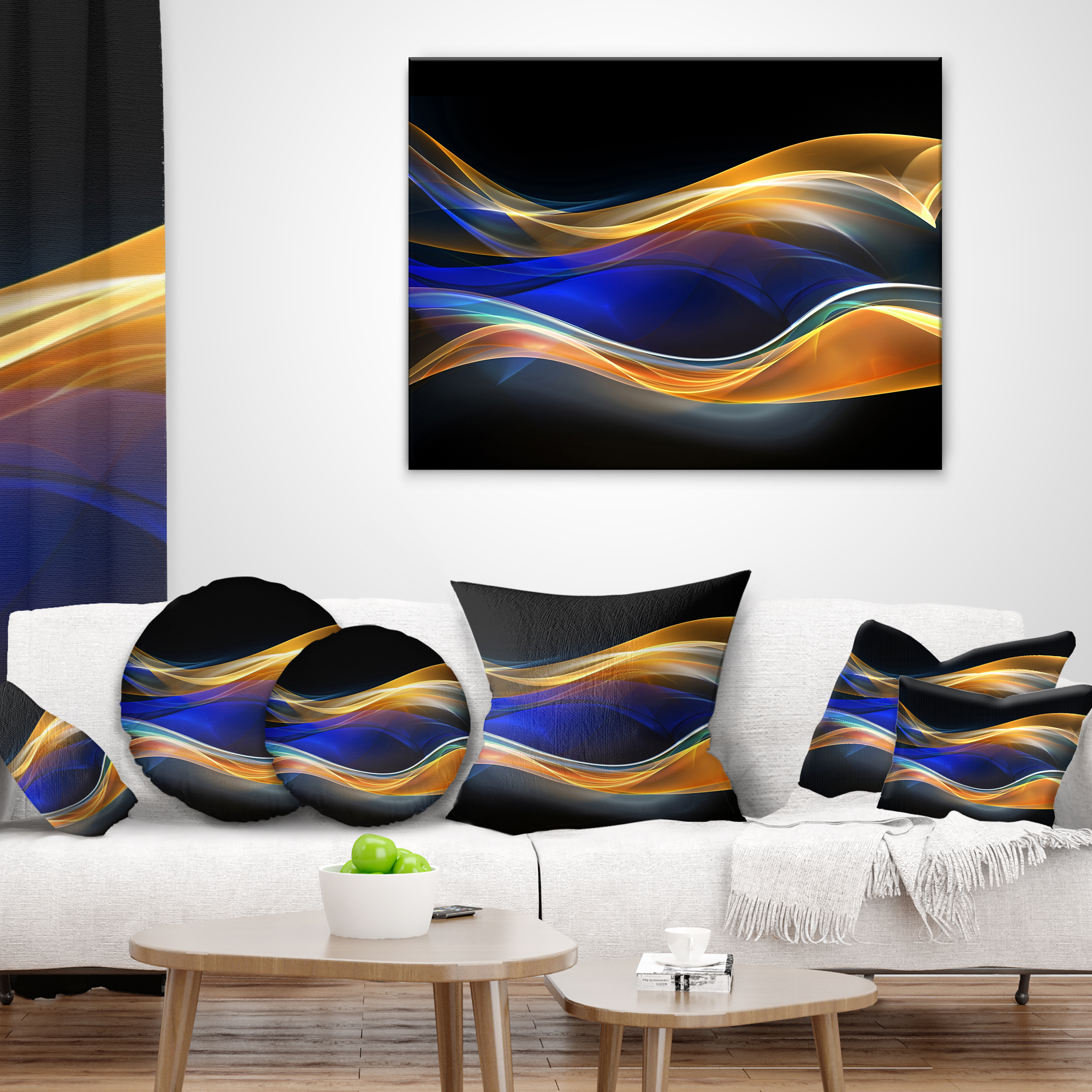 Designart 3D Gold Blue Wave Design - Abstract Throw Pillow - 12x20