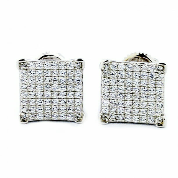 Square Shaped Stud Earrings Large 9.5mm Wide Cz Studs Screw Back Sterling  Silver