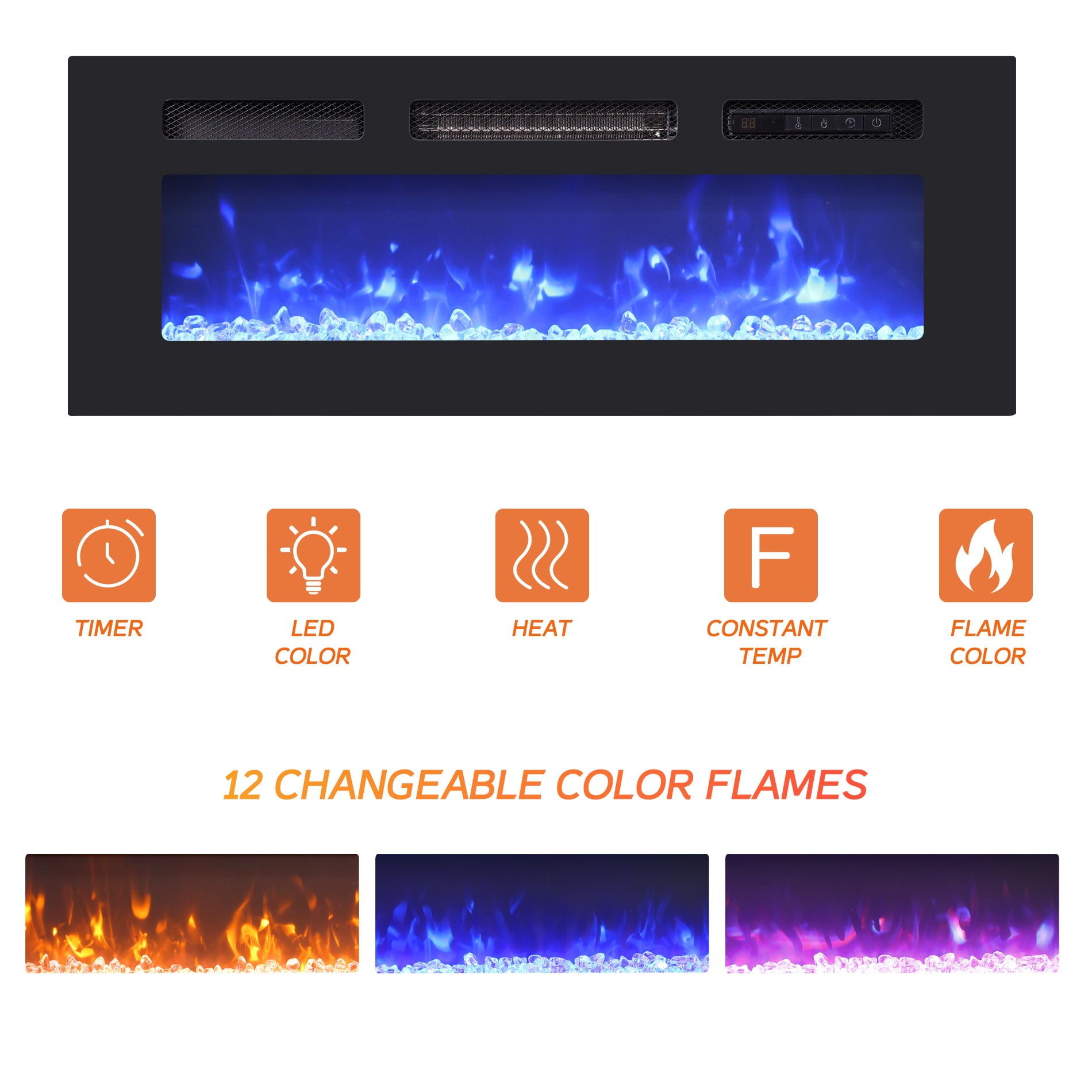 FITUEYES Farmhouse Fireplace TV Stand for 70 75 inch TV with 4 Storages, Wooden Entertainment Center with Electric Fireplace & 16 Colors LED Light, 70 Inch, Black