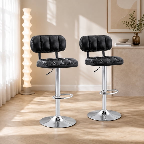 TesNus Bar Stools Set of 2 Black PU Leather Adjustable Swivel Stool Chrome Base 44 Inch for Kitchen