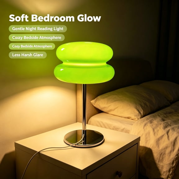 Green Double‑Layer Glass Table Lamp, Modern Mushroom Bedside Lamp, Chrome Metal Base, Dimmable Nightstand Lamp for Bedroom Living Room Decor