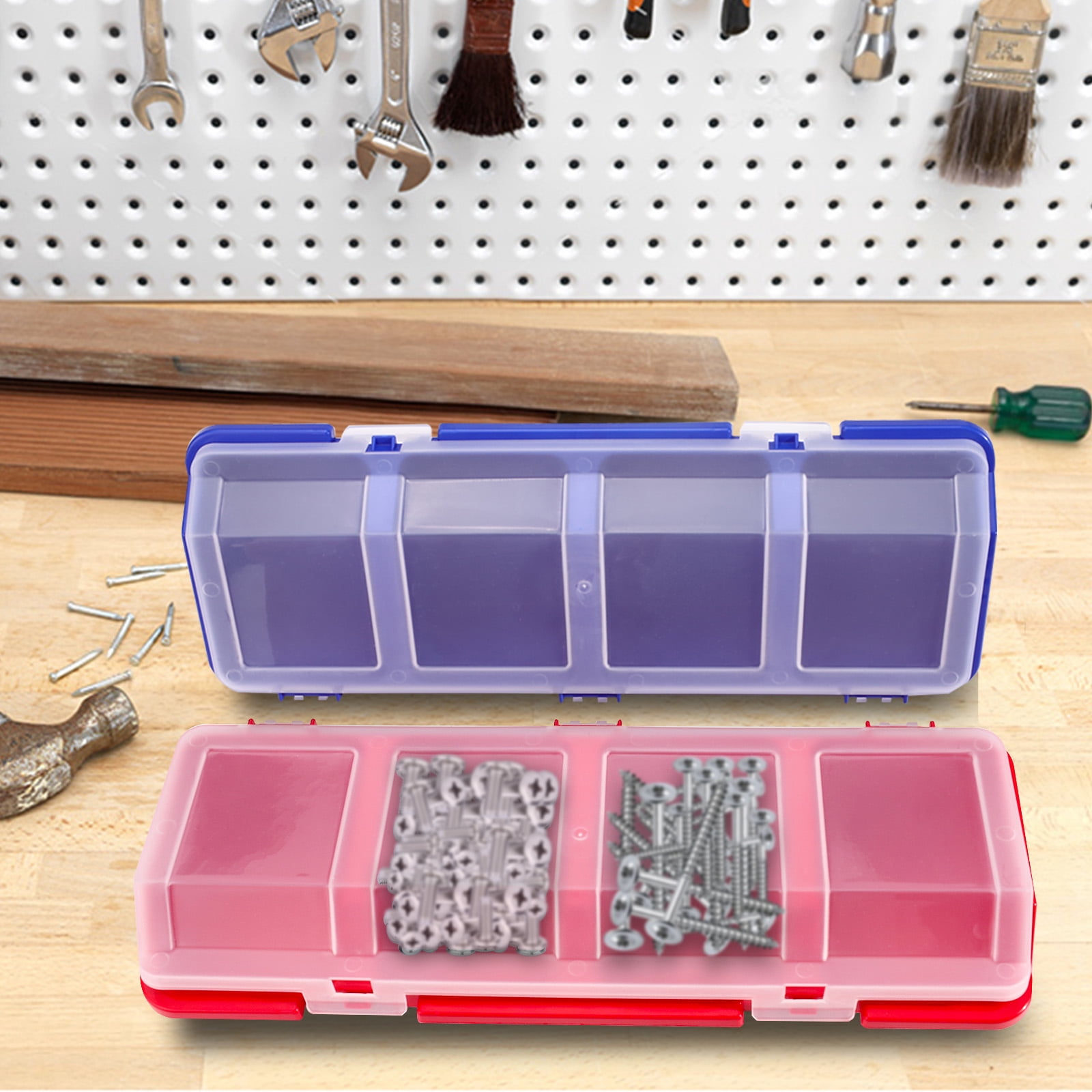 4 Pack Plastic Screw Organizer Box, 4 Compartments Bolt Bin with Lid, Stackable Hardware Storage Case for Garage Organization Parts Nail Workbench (Blue, Red)