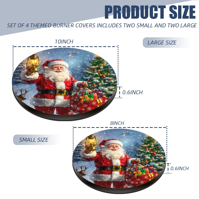 Christmas Stove Burner Covers for Electric Stove, Santa with Present Xmas Tree Holiday Decorative Round Mental Electric Range Burner Covers Set of 4 for Kitchen, 8 Inches and 10 Inches