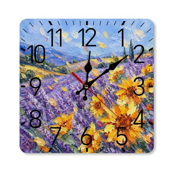RKSupls 10×10inch Square Silent Wall Clock Wooden Frame, Lavender Sunflower Countryside Scale Decorative Clock for Home Bedroom Living Room Office