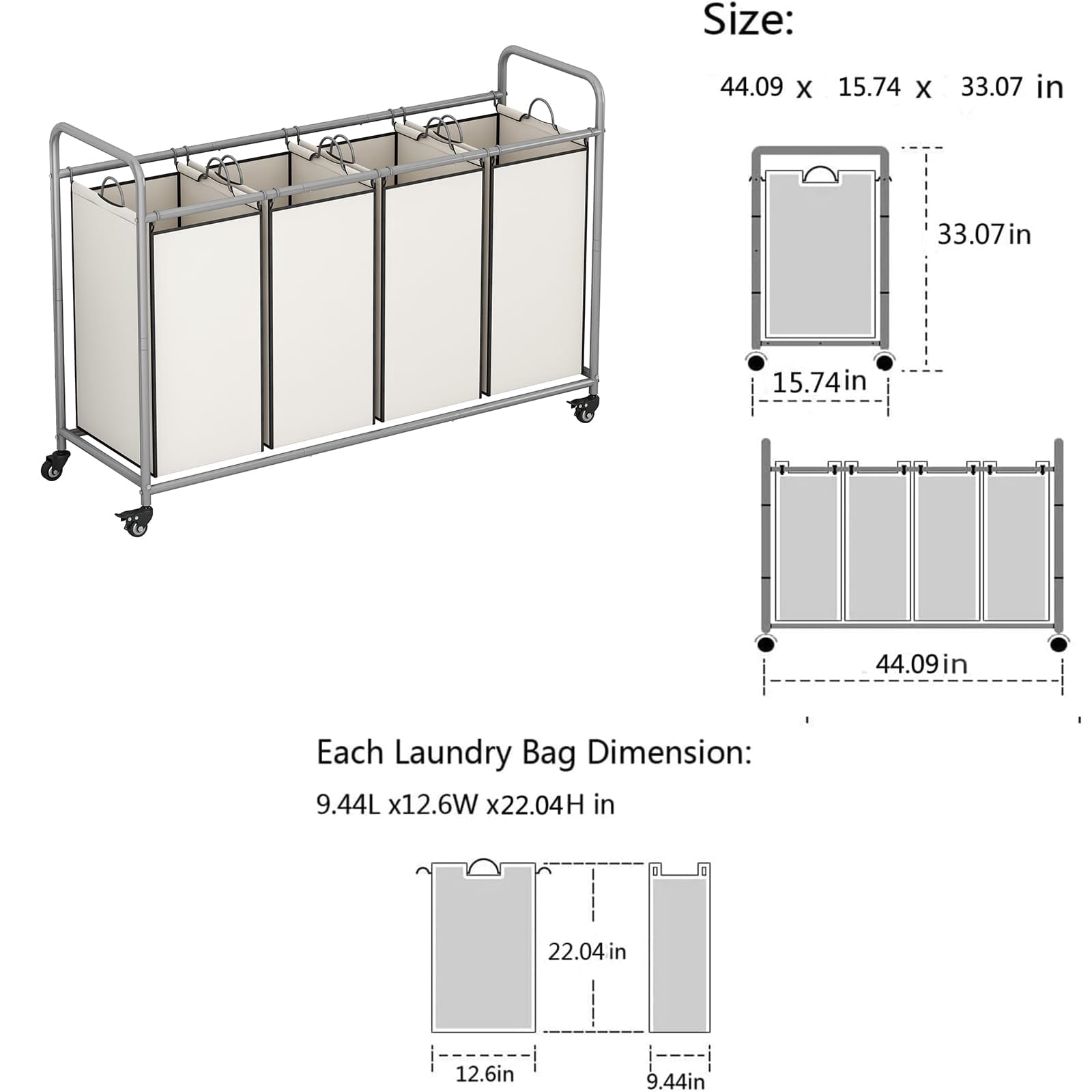 4 Bag Laundry Basket Sorter Laundry Hamper Cart with Heavy Duty Rolling Lockable Wheels and Removable Bags Organiser