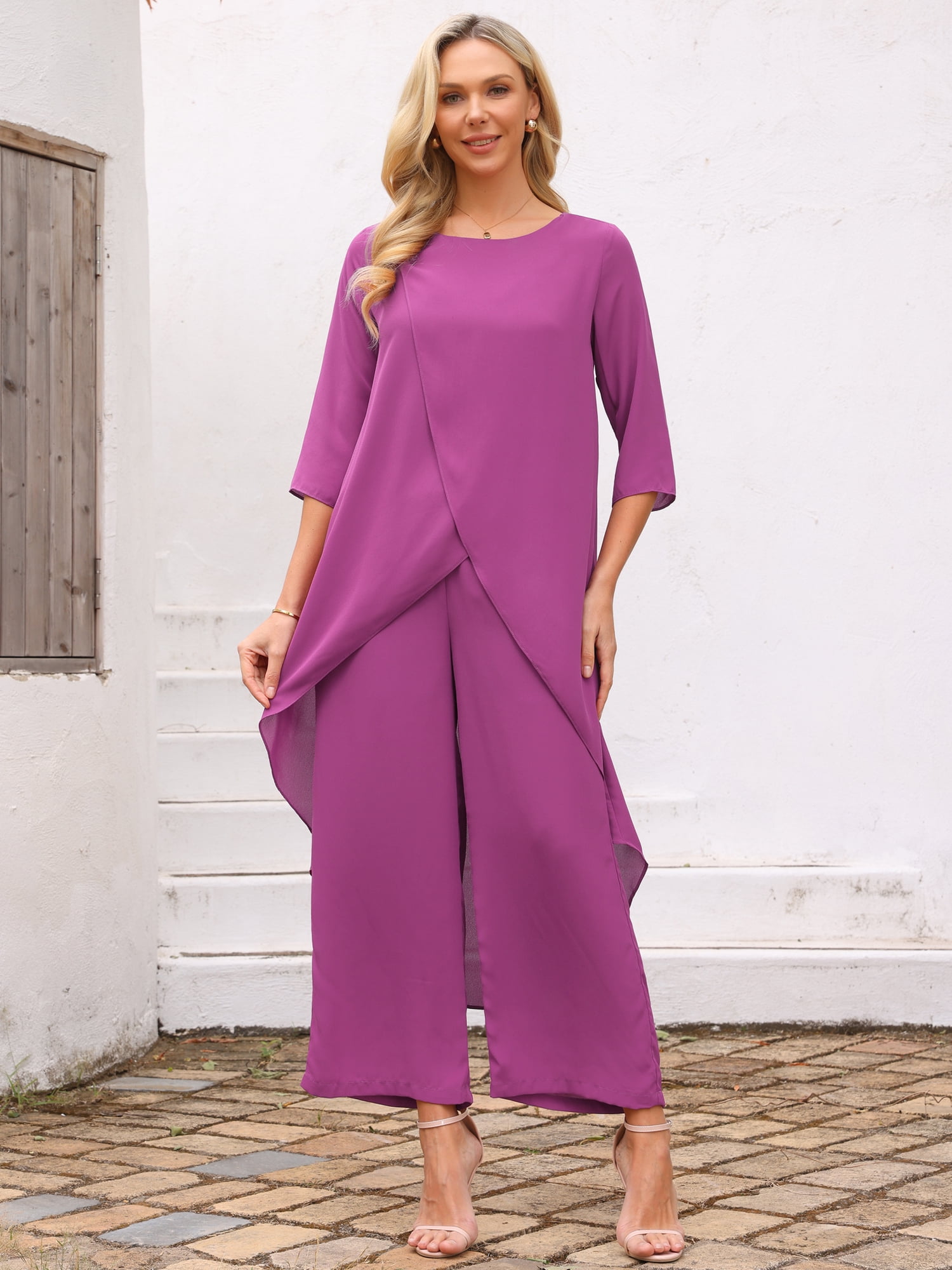 DARING DIVA Women's 2 Piece Chiffon Sets Dressy Pantsuit High Low Top Outfit L Purple